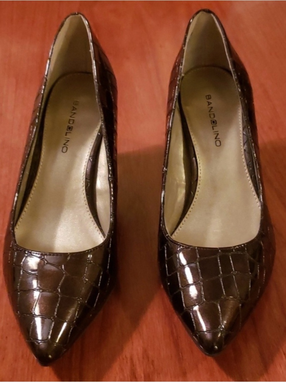 Bandolino Brown Croc-Embossed Patent Pointed Toe Pumps